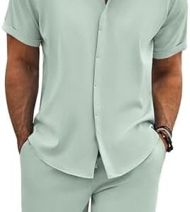 COOFANDY Men's Summer Beach Outfits 2 Piece Short Sleeve Shirts and Shorts Vacation Texture Linen Sets for Men