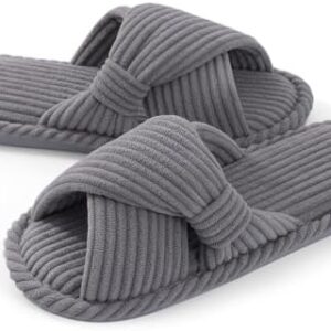 Evshine Summer House Slippers for Women Corduroy Cross Bow Indoor Slippers Open Toe Slip On Bedroom Shoes with Memory Foam