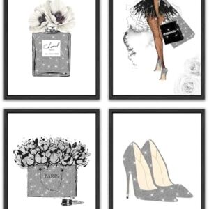 Drsoum Glam Gray Fashion Wall Decor Woman Makeup 𝗙𝗿𝗮𝗺𝗲𝗱 Wall Art Silver Girly Beauty Room Décor Pictures Arts for Office Bedroom Bathroom Set of 4, 8x10 in Framed