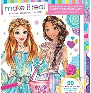 Make It Real: Fashion Design Sketchbook: Blooming Creativity - Includes 90 Stickers & Stencils, Draw Sketch & Create, Fashion Coloring Book, Tweens & Girls, Kids Ages 6+