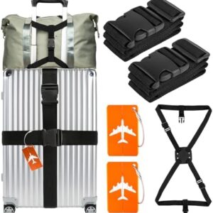 Suitcase Straps for Luggage Set Adjustable, Including 2 Pack Luggage Straps to Keep Suitcase Secure While Traveling, 1 Pack Luggage Belt for Suitcases Add a Bag, 2 Name Card