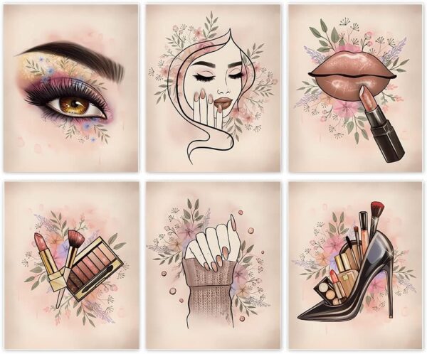 Fashion Makeup Art,Women Fashion Wall Art ,Perfume Modern Art Posters,Beauty Studio Wall Art,Smokey Eye Makeup Matte Lips and Lipstick Drawing Nail Art Gift,Set of 6 (8"X10", No Frame